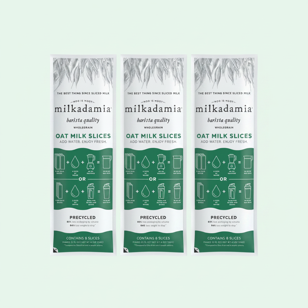 Three packages of milkadamia oat milk slices retail packs on a white background