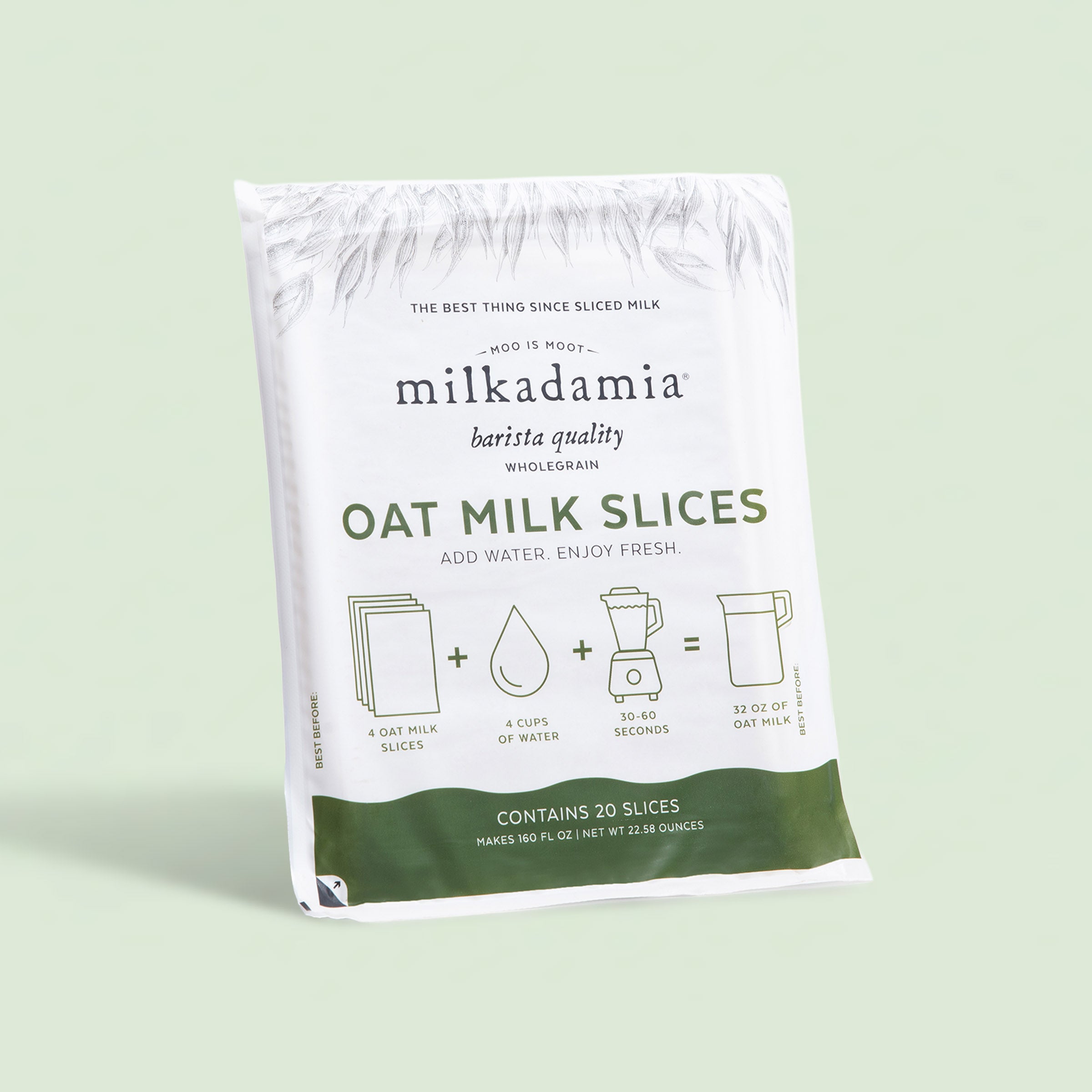 milkadamia Oat Milk Sliced 160oz packaging stood up against a white background