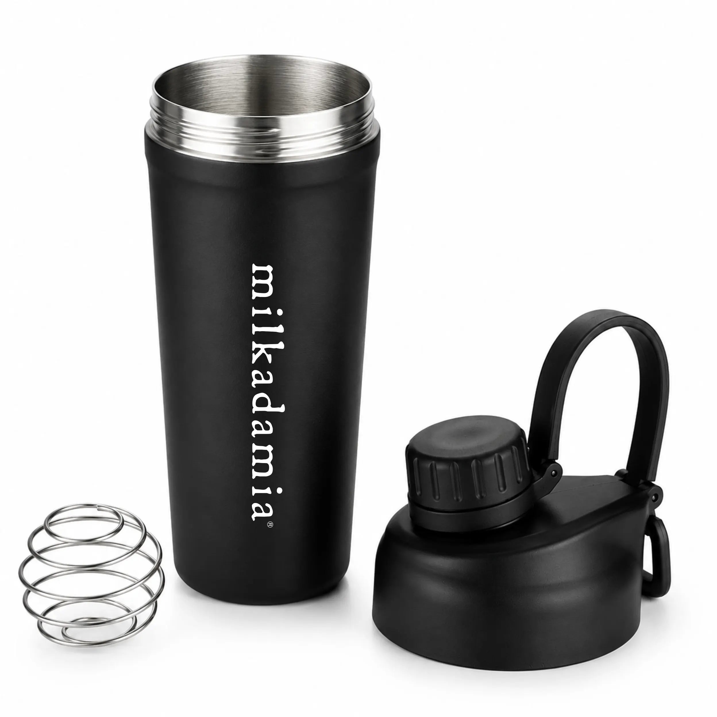 black outside shaker bottle with stainless steal interior, with milkadamia logo in white