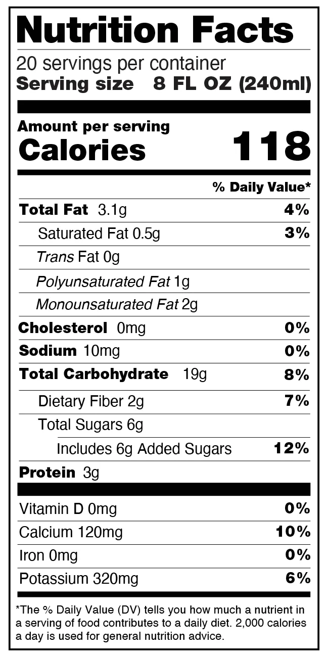 Nutrition facts for milkadamia oat milk slices 160oz